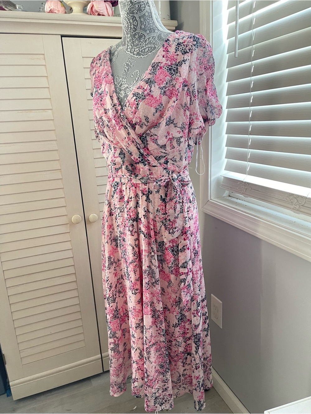 DKNY Pink Floral Wrap Midi Dress